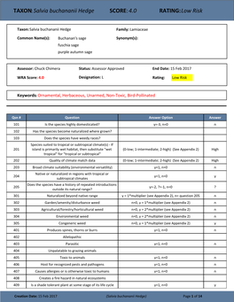 TAXON:Salvia Buchananii Hedge SCORE:4.0 RATING:Low Risk
