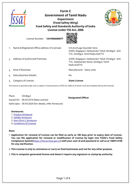 Form C Government of Tamil Nadu Department (Food Safety Wing) Food Safety and Standards Authority of India License Under FSS Act, 2006