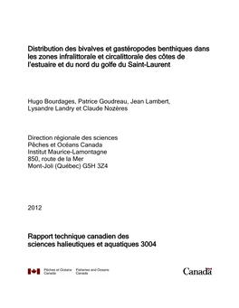 Distribution Des Bivalves Et Gastéropodes Benthiques Dans Les Zones Infralittorale Et Circalittorale Des Côtes De L’Estuaire Et Du Nord Du Golfe Du Saint-Laurent