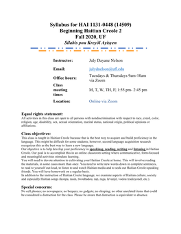 Syllabus for HAI 1131-0448 (14509) Beginning Haitian Creole 2 Fall 2020, UF Silabis Pou Kreyòl Ayisyen