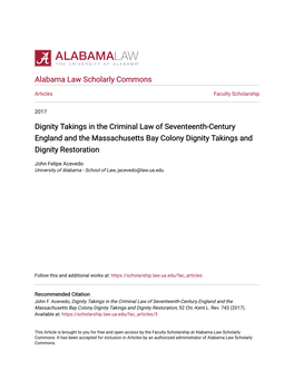 Dignity Takings in the Criminal Law of Seventeenth-Century England and the Massachusetts Bay Colony Dignity Takings and Dignity Restoration