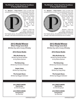 2012 Medal Winner 2012 Medal Winner Where Things Come Back Where Things Come Back Written by John Corey Whaley Written by John Corey Whaley