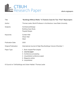 Buildings Without Walls:” a Tectonic Case for Two “First” Skyscrapers
