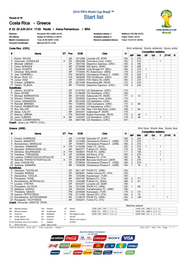 Round of 16 Start List Costa Rica - Greece # 52 29 JUN 2014 17:00 Recife / Arena Pernambuco / BRA