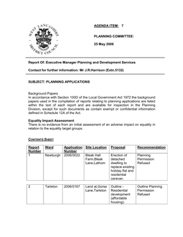 AGENDA ITEM: 7 PLANNING COMMITTEE: 25 May 2006 Report Of