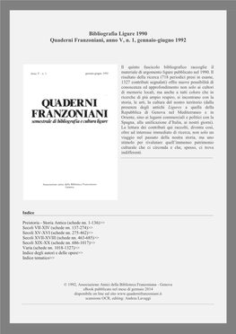 Bibliografia Ligure 1990 Quaderni Franzoniani, Anno V, N. 1, Gennaio-Giugno 1992