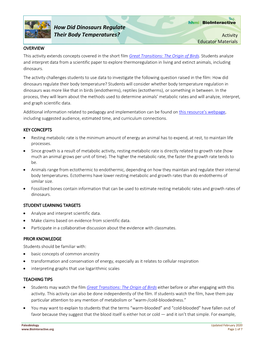 How Did Dinosaurs Regulate Their Body Temperatures? Activity Educator Materials