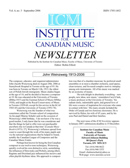 NEWSLETTER Published by the Institute for Canadian Music, Faculty of Music, University of Toronto