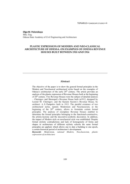 Olga M. Polonskaya PLASTIC EXPRESSION of MODERN and NEO-CLASSICAL ARCHITECTURE of ODESSA. on EXAMPLES of ODESSA REVENUE HOUSES B