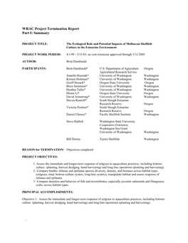 PROJECT TITLE: the Ecological Role and Potential Impacts of Molluscan Shellfish Culture in the Estuarine Environment