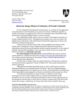 American Imago Honors Centenary of Freud's Journal