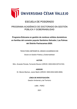 Programa Edúcame En Gestión De Residuos Sólidos Domésticos En Familias Del Comedor Popular Santísimo Salvador, Las Palmas Del Distrito Pachacamac-2020