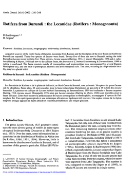 Rotifera from Burundi : the Lecanidae \(Rotifera : Monogononta\)