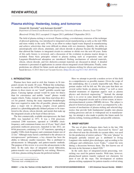 REVIEW ARTICLE Plasma Etching: Yesterday, Today, and Tomorrow