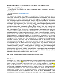 1 Nematode Parasites of Anurans from Three Cocoa Farms in Ondo