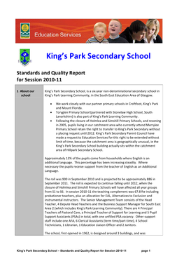King's Park Secondary School Standards and Quality Report For