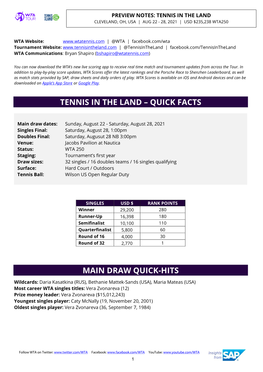 Preview Notes: Tennis in the Land Cleveland, Oh, Usa | Aug 22 - 28, 2021 | Usd $235,238 Wta250