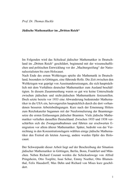 Prof. Dr. Thomas Huckle Jüdische Mathematiker Im „Dritten Reich“ Im