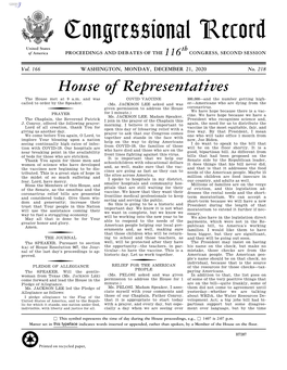 Congressional Record United States Th of America PROCEEDINGS and DEBATES of the 116 CONGRESS, SECOND SESSION