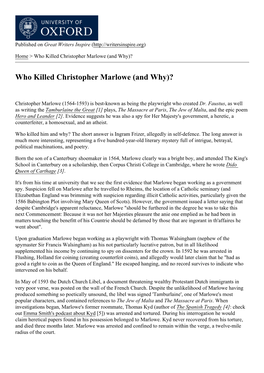 Who Killed Christopher Marlowe (And Why)?