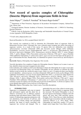 New Record of Species Complex of Chloropidae (Insecta: Diptera) from Sugarcane Fields in Iran