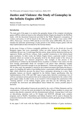 Justice and Violence: the Study of Gameplay in the Infinite Engine Crpgs Mateusz Felczak Institute of Audiovisual Arts, Jagiellonian University