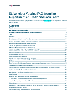 Stakeholder Vaccine FAQ, from the Department of Health and Social Care