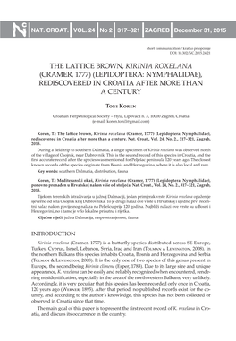 The Lattice Brown, Kirinia Roxelana (Cramer, 1777) (Lepidoptera: Nymphalidae), Rediscovered in Croatia After More Than a Century