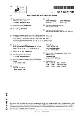 Process for the Production of Dimethyl Maleate Verfahren Zur Herstellung Von Dimethylmaleat Procédé De Préparation De Maléate De Diméthyle