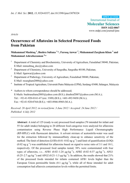 Occurrence of Aflatoxins in Selected Processed Foods from Pakistan