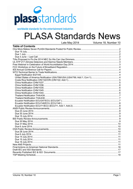 Standards News Late May 2014 Volume 18, Number 10 Table of Contents One More Makes Seven PLASA Standards Posted for Public Review