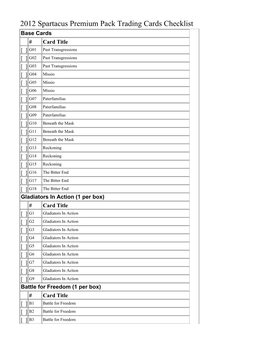 2012 Spartacus Premium Pack Trading Cards Checklist