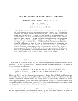 L-ADIC PROPERTIES of the PARTITION FUNCTION 1