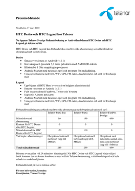 Pressmeddelande HTC Desire Och HTC Legend Hos Telenor