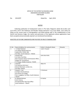 OFFICE of the DISTRICT & SESSIONS JUDGE ANDAMAN & NICOBAR ISLANDS PORT BLAIR No. 2013/CRT Dated the April, 2013