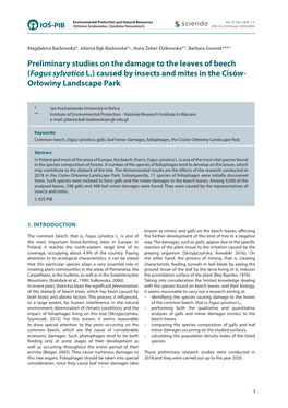 Fagus Sylvatica L.) Caused by Insects and Mites in the Cisów- Orłowiny Landscape Park