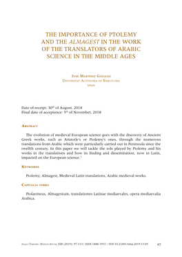 The Importance of Ptolemy and the Almagest in the Work of the Translators of Arabic Science in the Middle Ages