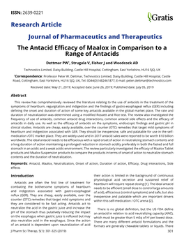 Journal of Pharmaceutics and Therapeutics the Antacid Efficacy of Maalox in Comparison to a Range of Antacids