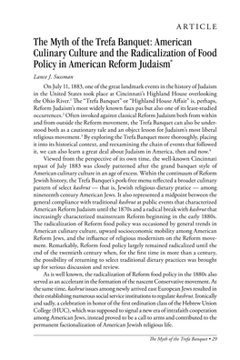 The Myth of the Trefa Banquet: American Culinary Culture and the Radicalization of Food Policy in American Reform Judaism* Lance J