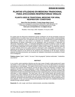 Artículo De Revisión PLANTAS UTILIZADAS EN MEDICINA TRADICIONAL PARA AFECCIONES RESPIRATORIAS VIRALES