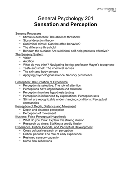 General Psychology 201 Sensation and Perception