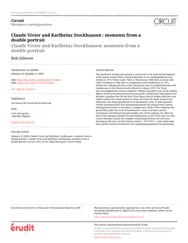 Claude Vivier and Karlheinz Stockhausen : Moments from a Double Portrait Claude Vivier and Karlheinz Stockhausen: Moments from a Double Portrait Bob Gilmore