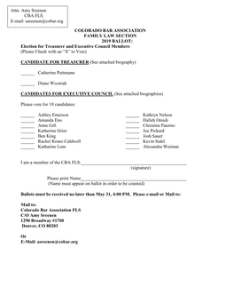 COLORADO BAR ASSOCIATION FAMILY LAW SECTION 2019 BALLOT: Election for Treasurer and Executive Council Members (Please Check with an “X” to Vote)