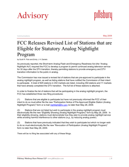 FCC Releases Revised List of Stations That Are Eligible for Statutory Analog Nightlight Program by Scott R