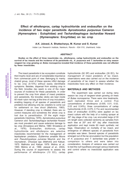 Effect of Ethofenprox, Cartap Hydrochloride and Endosulfan On