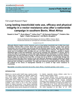 Long Lasting Insecticidal Nets Use, Efficacy and Physical Integrity in a Vector Resistance Area After a Nationwide Campaign in Southern Benin, West Africa