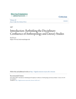 Rethinking the Disciplinary Confluence of Anthropology and Literary Studies Brad Evans Rutgers University, Brad.Evans@Rutgers.Edu