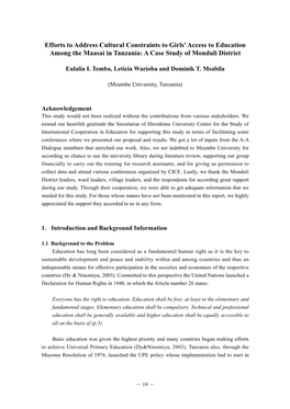 Efforts to Address Cultural Constraints to Girls' Access to Education Among the Maasai in Tanzania: a Case Study of Monduli District