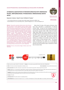 A Parasitic Association of Odonata (Insecta) with Arrenurus Dugés, 1834 (Arachnida: Hydrachnida: Arrenuridae) Water Mites