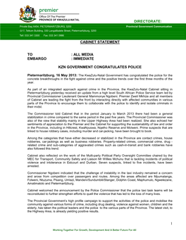 Cabinet Statement-KZN Gov Congratulates Police